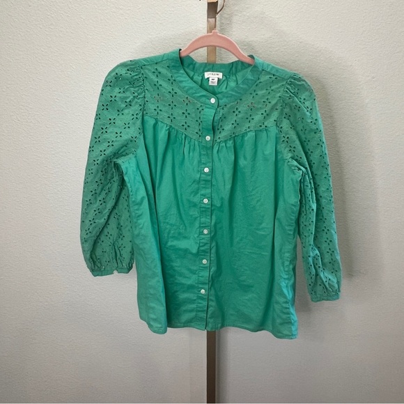 J. Crew Eyelet detail Button Down Blouse Venetian Green MP - Picture 1 of 5